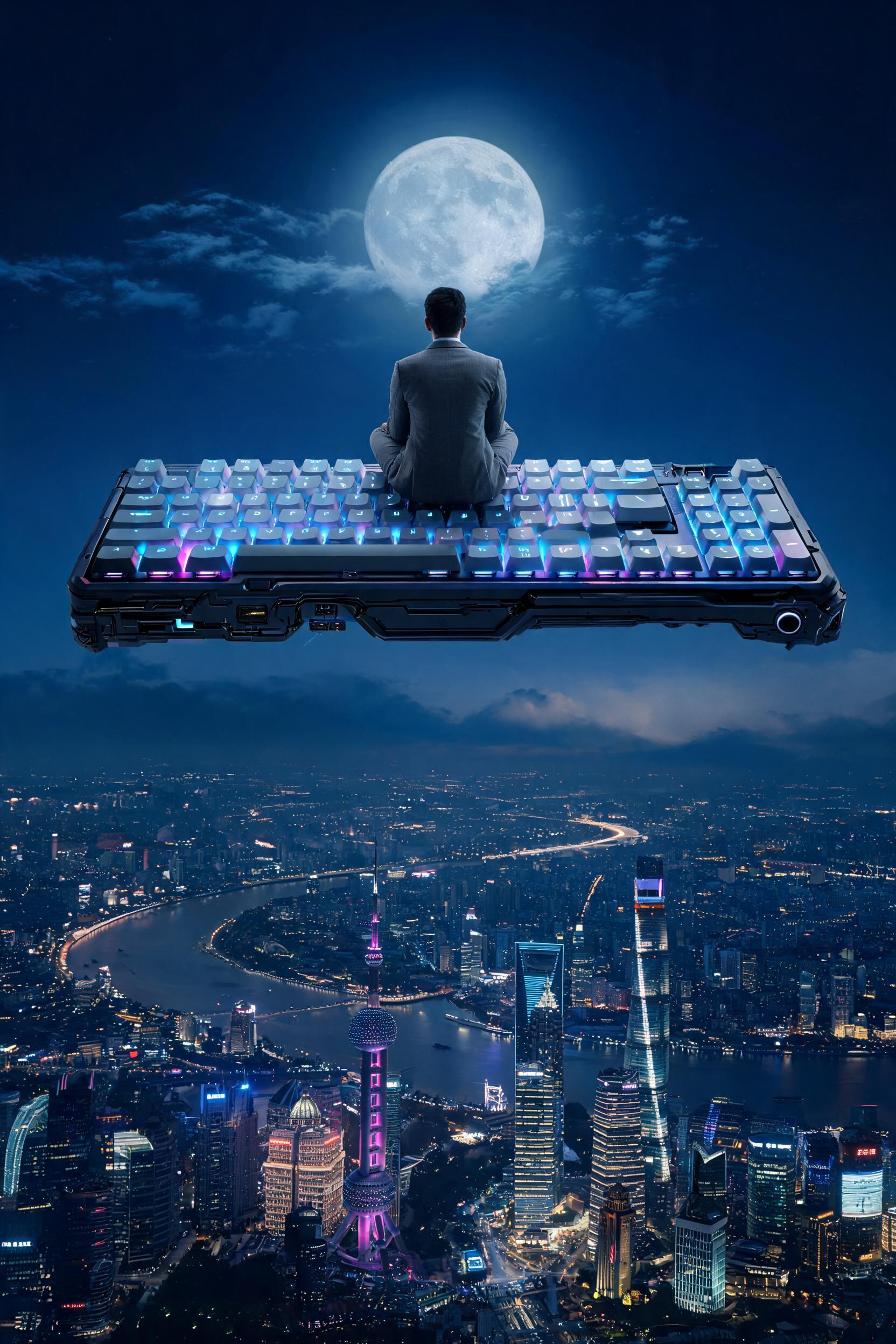 Businessman on Giant Keyboard Over Shanghai Night preview image