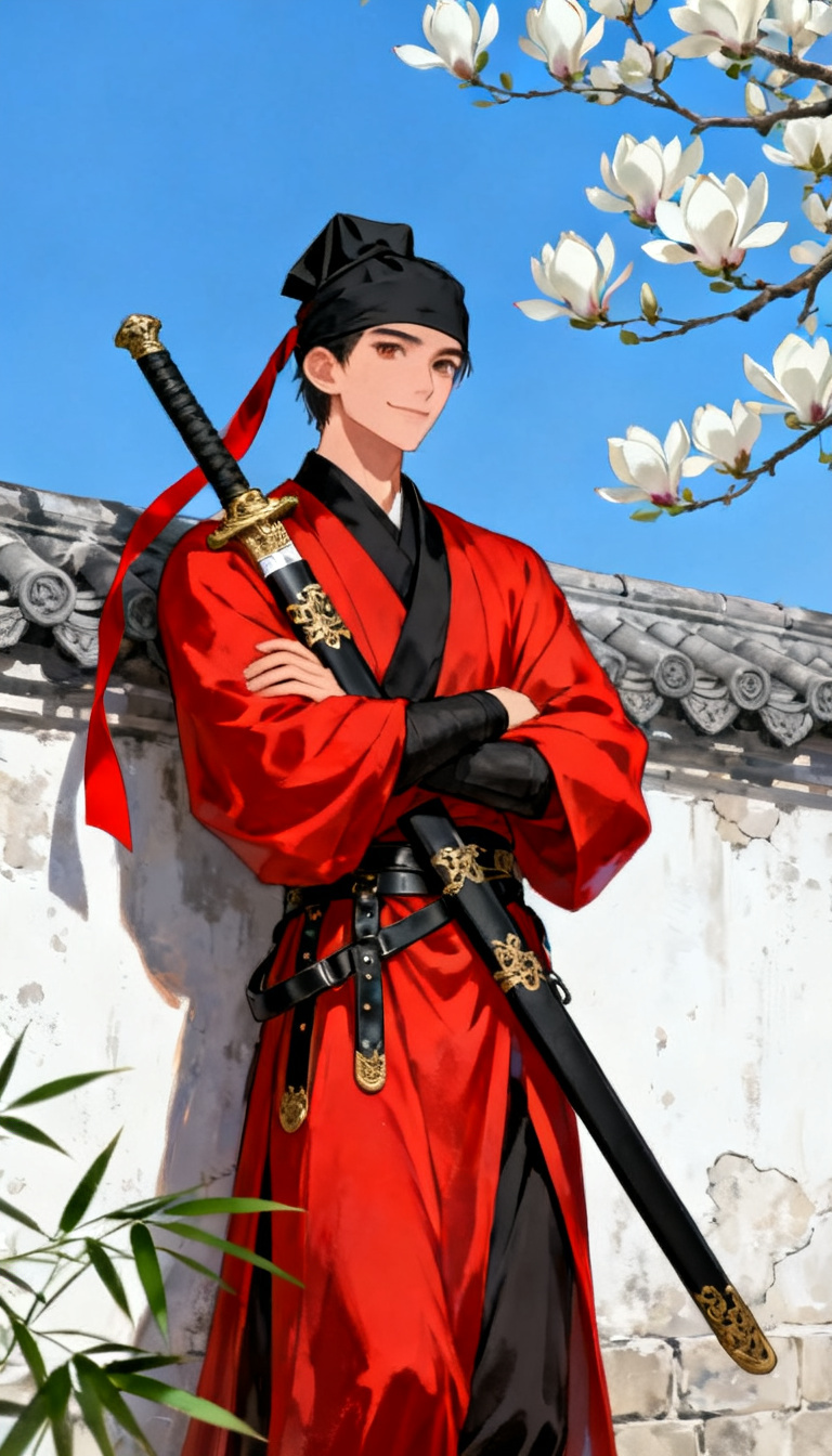 Chinese Swordsman in Red Robe Portrait preview image