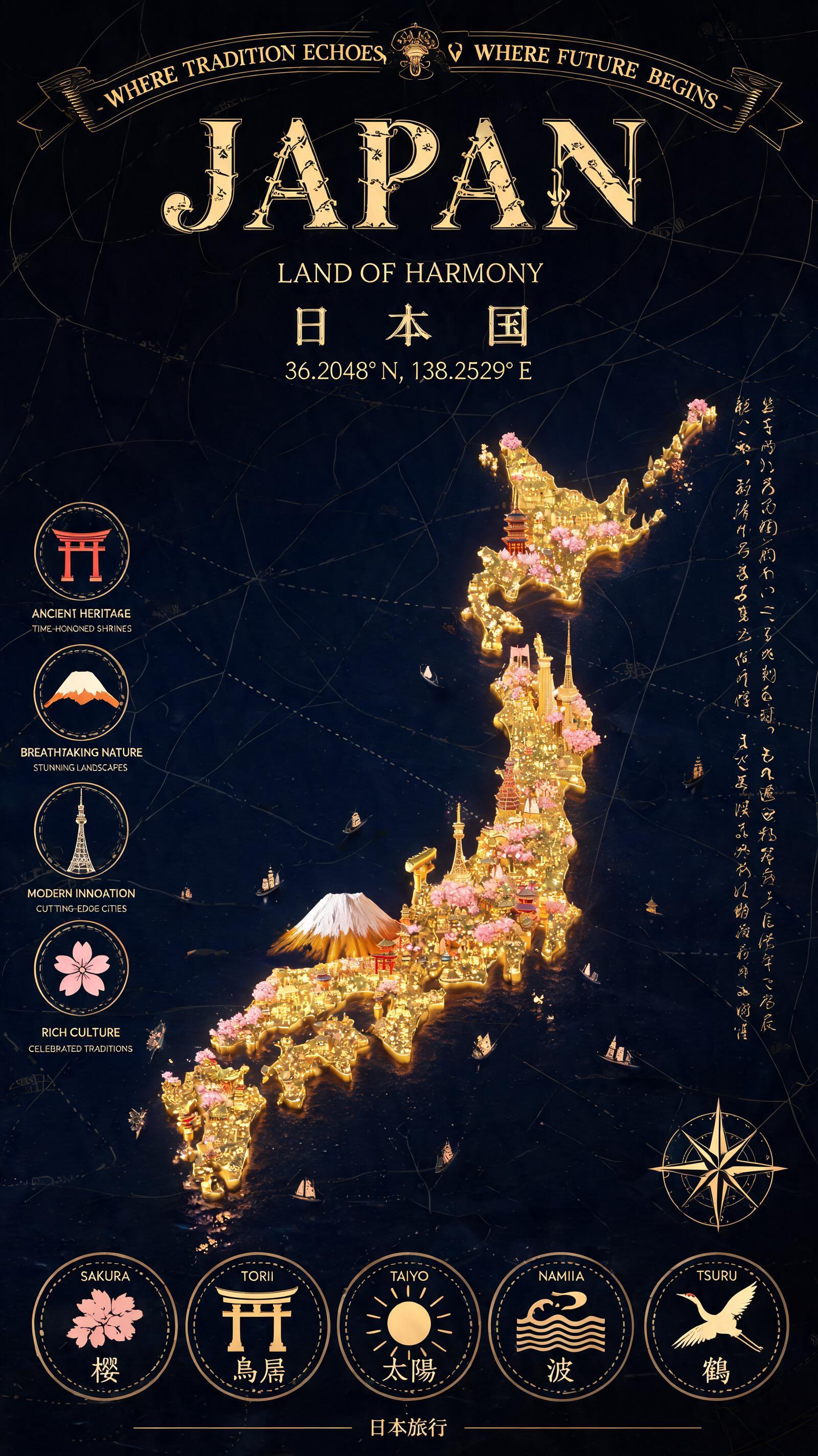 Japan Luxury Gold Illuminated Map Poster preview image