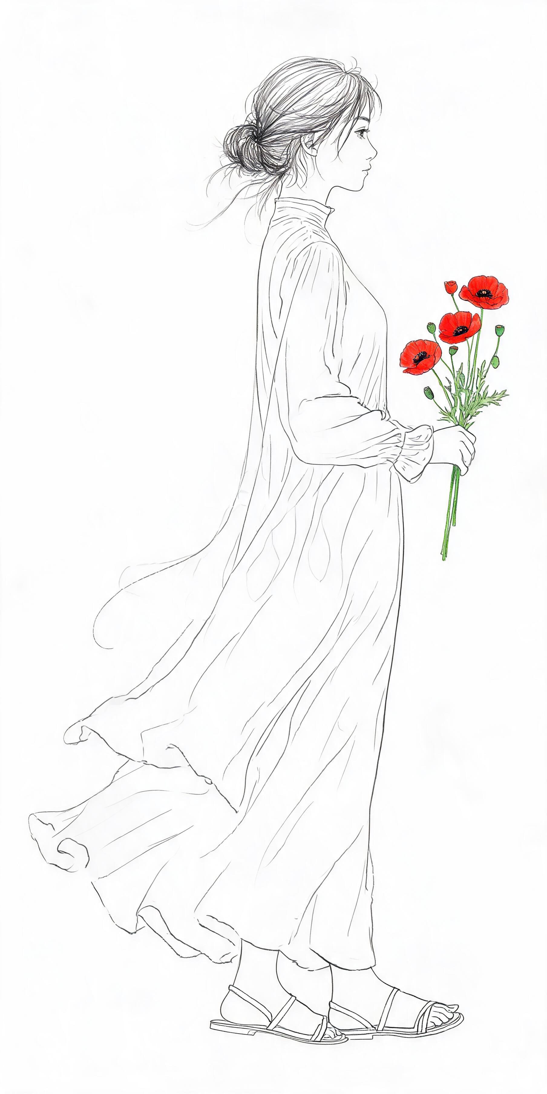 极简线描女孩与红花插画 生成预览图