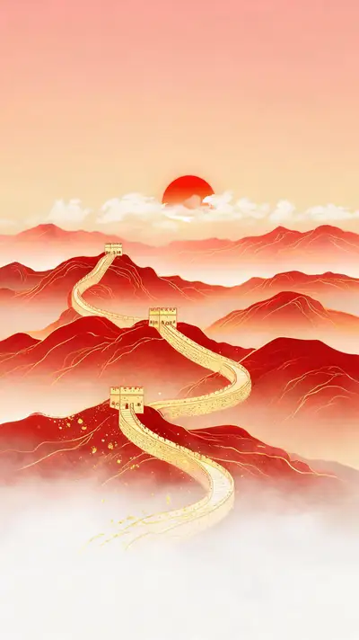 长城金线日出意境插画