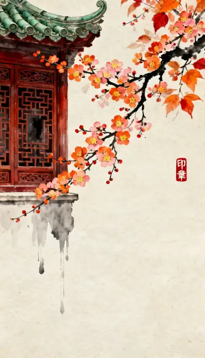 水墨窗棂梅花意境图