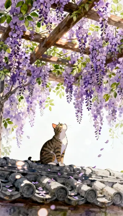 紫藤花下屋顶猫咪插画